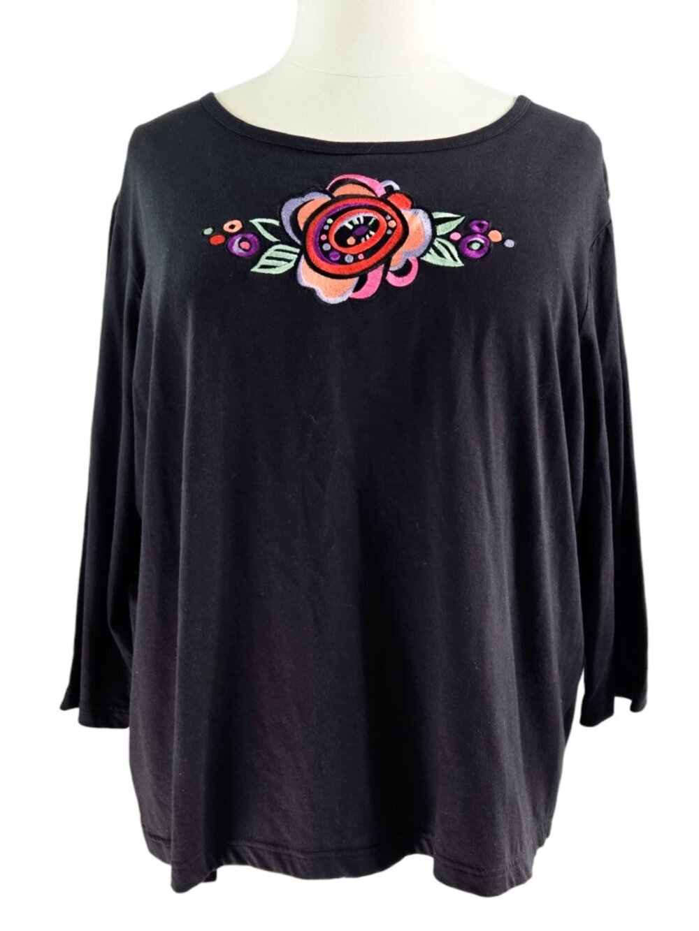 Bob Mackie Wearable Art 100% Cotton Black Floral Applique Embroidered Top